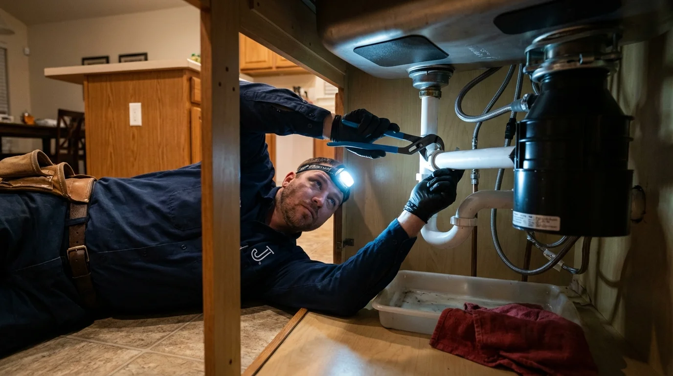 P-trap and supply line connections under a kitchen sink showing a common leak point in Mesquite, NV